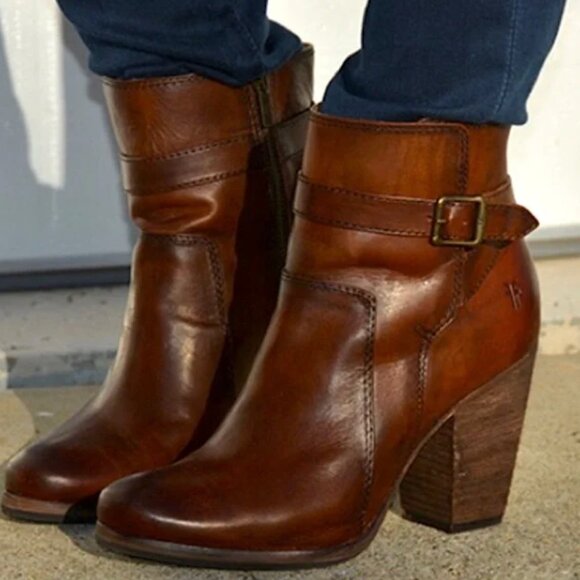 Frye Patty Riding Boot Brown Leather Side Zip Ankle Bootie Block Heel SZ 10 - Picture 1 of 11